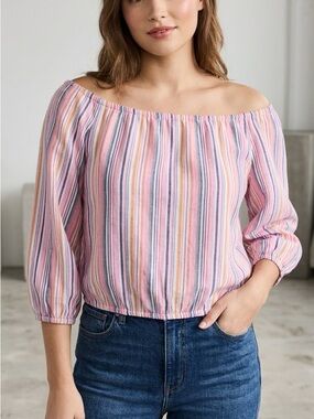 GAP 100% Cotton Striped Off Shoulder Blouse Boho Summer Pink Lightweight Sz S